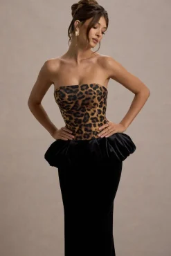 Harriette | Leopard Print Bandeau Maxi Dress With Black Velvet Peplum Skirt