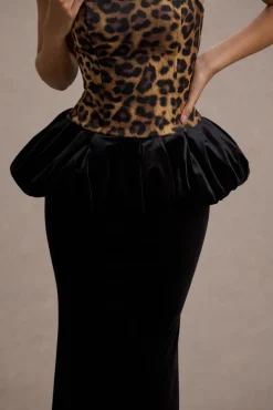 Harriette | Leopard Print Bandeau Maxi Dress With Black Velvet Peplum Skirt