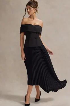 Hattie | Black Bardot Tailored Maxi Dress With Plisse Skirt