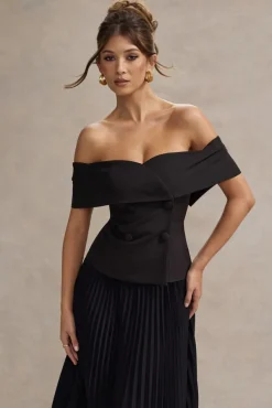 Hattie | Black Bardot Tailored Maxi Dress With Plisse Skirt