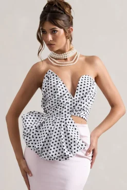 Haute | Cream Polka Dot Asymmetric Plunge-Neck Corset With Ruffle
