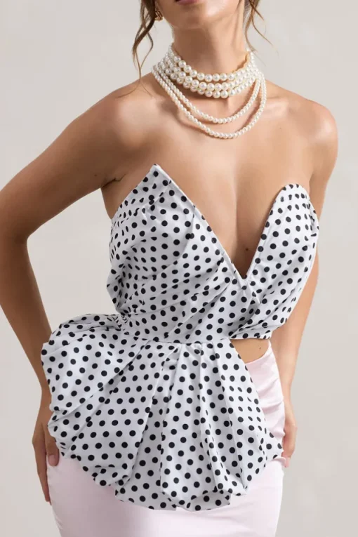 Haute | Cream Polka Dot Asymmetric Plunge-Neck Corset With Ruffle