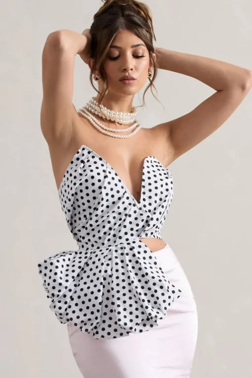 Haute | Cream Polka Dot Asymmetric Plunge-Neck Corset With Ruffle