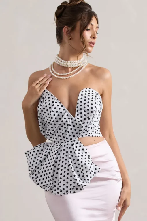 Haute | Cream Polka Dot Asymmetric Plunge-Neck Corset With Ruffle