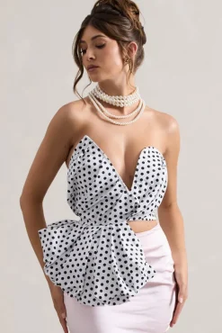 Haute | Cream Polka Dot Asymmetric Plunge-Neck Corset With Ruffle