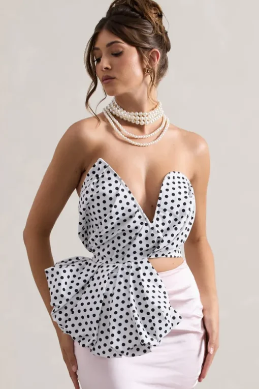 Haute | Cream Polka Dot Asymmetric Plunge-Neck Corset With Ruffle