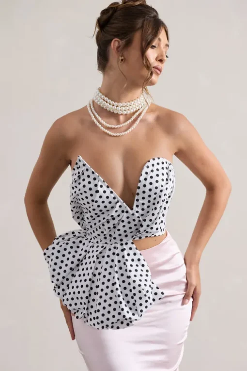 Haute | Cream Polka Dot Asymmetric Plunge-Neck Corset With Ruffle
