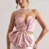 Haute | Pink Asymmetric Plunge-Neck Corset With Ruffle