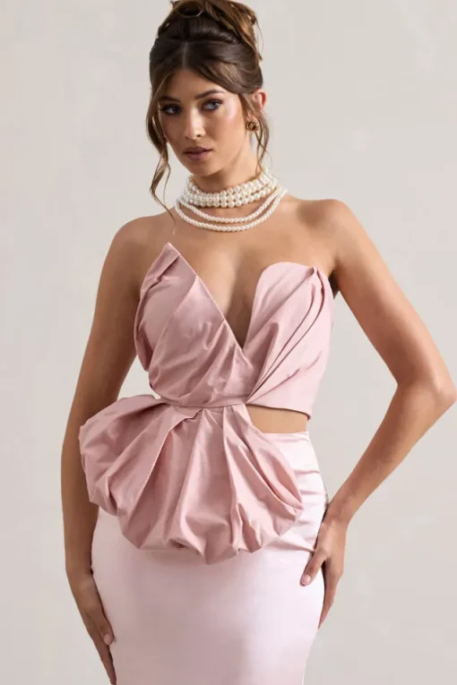 Haute | Pink Asymmetric Plunge-Neck Corset With Ruffle