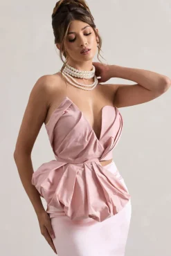 Haute | Pink Asymmetric Plunge-Neck Corset With Ruffle