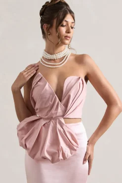 Haute | Pink Asymmetric Plunge-Neck Corset With Ruffle
