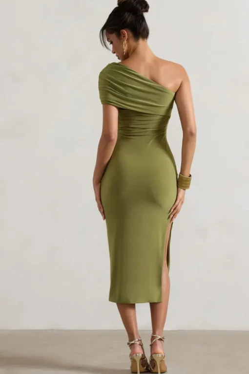Hawaii | Olive Asymmetric One-Shoulder Split Midi Dress