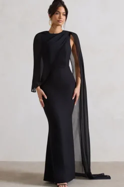 Haze | Black High-Neck Maxi Dress With Chiffon Cape