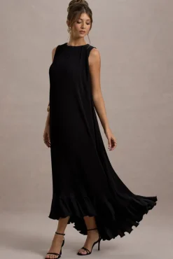 Hazelle | Black Chiffon A-Line Ruffled Maxi Dress