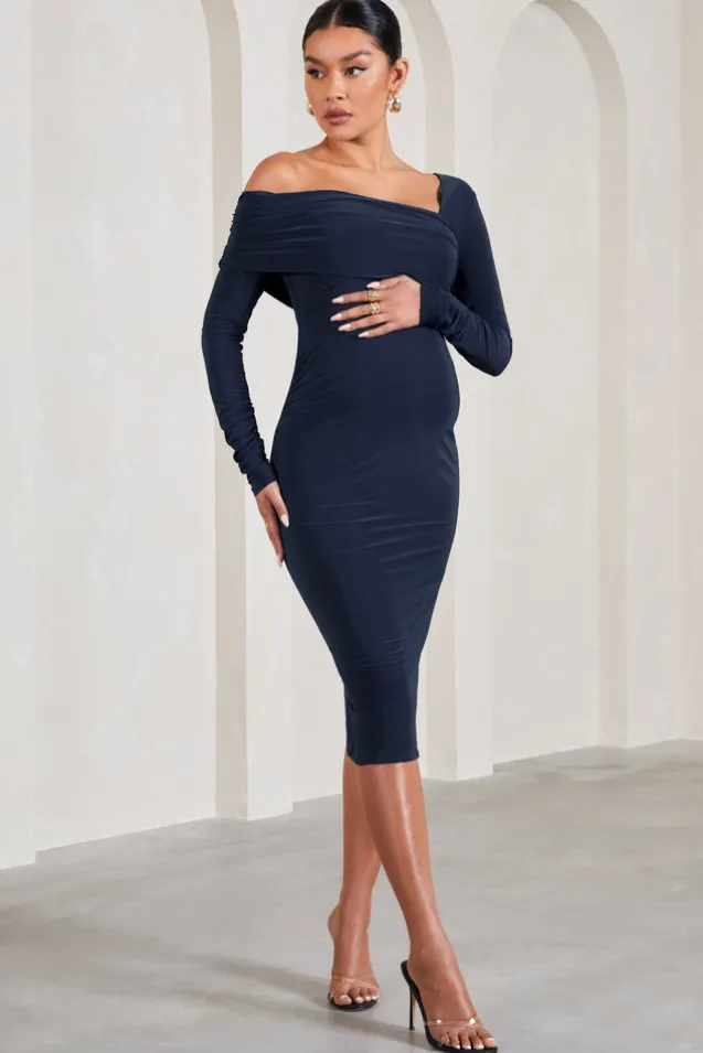 Heartbeat | Navy One-Shoulder Long-Sleeved Maternity Midi Dress