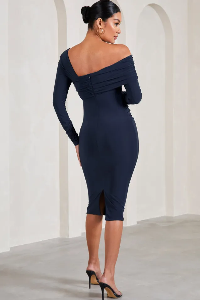Heartbeat | Navy One-Shoulder Long-Sleeved Maternity Midi Dress