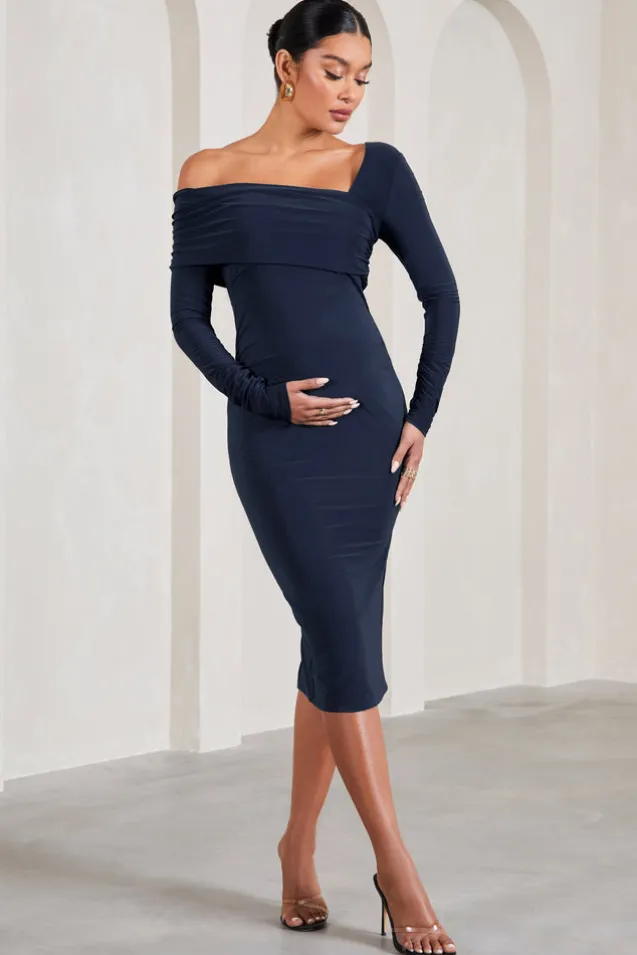 Heartbeat | Navy One-Shoulder Long-Sleeved Maternity Midi Dress