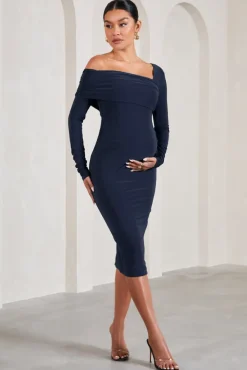 Heartbeat | Navy One-Shoulder Long-Sleeved Maternity Midi Dress