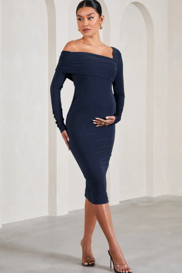 Heartbeat | Navy One-Shoulder Long-Sleeved Maternity Midi Dress