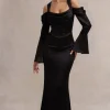 Heartthrob | Black Satin Draped Bardot Maxi Dress