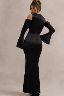 Heartthrob | Black Satin Draped Bardot Maxi Dress