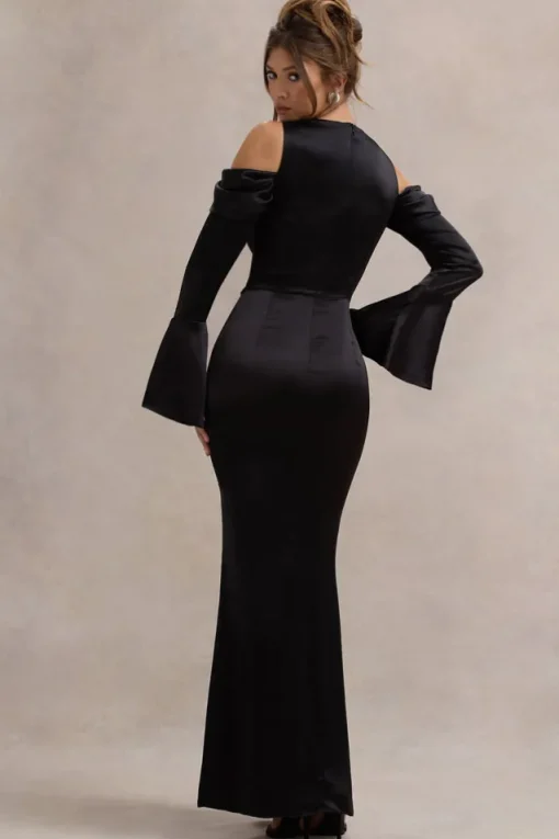 Heartthrob | Black Satin Draped Bardot Maxi Dress