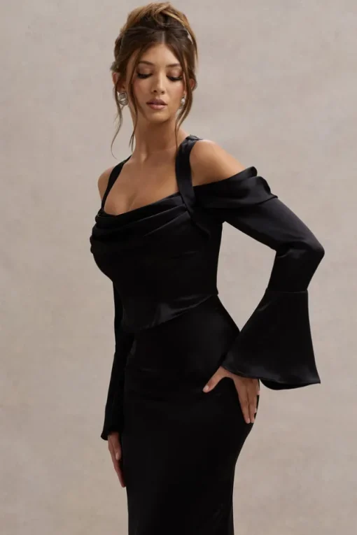 Heartthrob | Black Satin Draped Bardot Maxi Dress