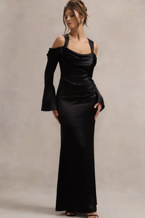 Heartthrob | Black Satin Draped Bardot Maxi Dress