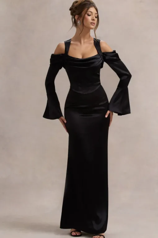 Heartthrob | Black Satin Draped Bardot Maxi Dress
