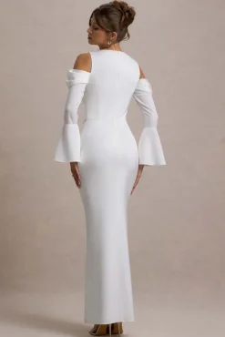 Heartthrob | Ivory Satin Draped Bardot Maxi Dress