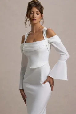 Heartthrob | Ivory Satin Draped Bardot Maxi Dress