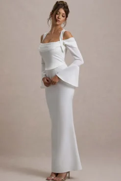 Heartthrob | Ivory Satin Draped Bardot Maxi Dress