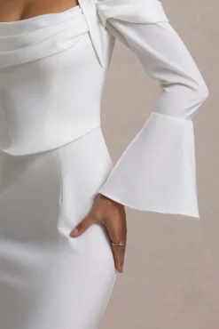 Heartthrob | Ivory Satin Draped Bardot Maxi Dress