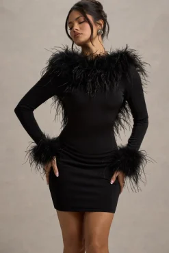 Heiress | Black Long-Sleeve Low Back Mini Dress With Feather Trim