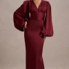 Helsinki | Berry Satin V-Neck Balloon Sleeve Maxi Dress