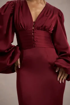Helsinki | Berry Satin V-Neck Balloon Sleeve Maxi Dress