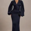 Helsinki | Navy Satin V-Neck Balloon Sleeve Maxi Dress