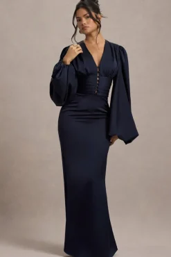 Helsinki | Navy Satin V-Neck Balloon Sleeve Maxi Dress