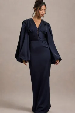 Helsinki | Navy Satin V-Neck Balloon Sleeve Maxi Dress