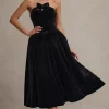 Hepburn | Black Velvet Bandeau Midi Dress With Bow