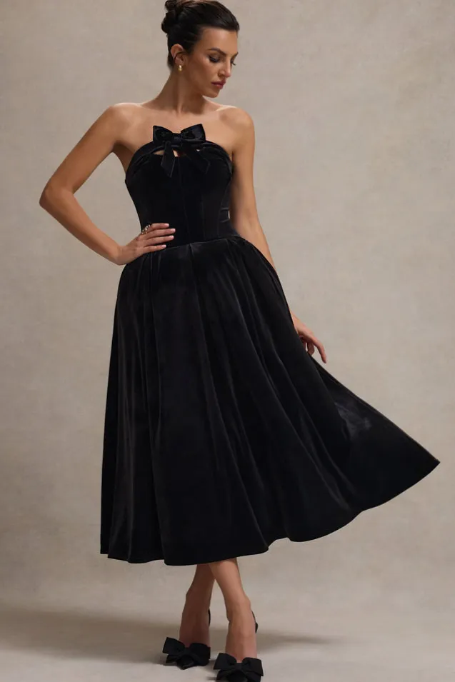 Hepburn | Black Velvet Bandeau Midi Dress With Bow