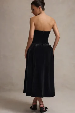 Hepburn | Black Velvet Bandeau Midi Dress With Bow