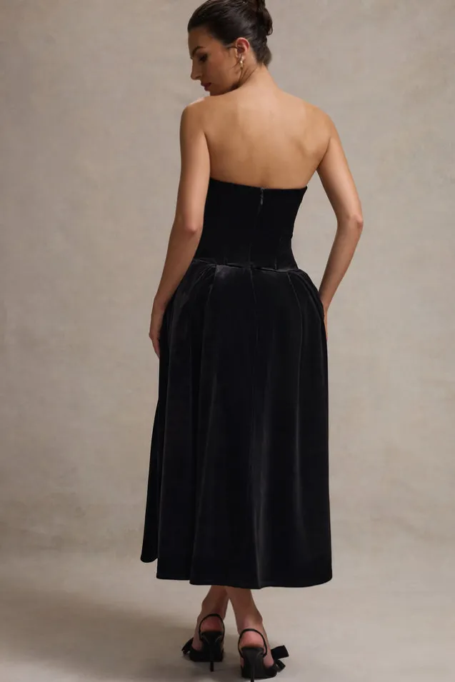 Hepburn | Black Velvet Bandeau Midi Dress With Bow