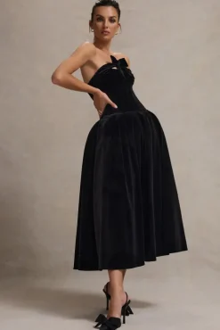 Hepburn | Black Velvet Bandeau Midi Dress With Bow