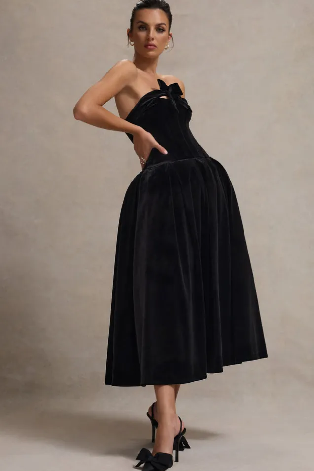 Hepburn | Black Velvet Bandeau Midi Dress With Bow