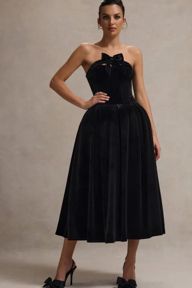 Hepburn | Black Velvet Bandeau Midi Dress With Bow
