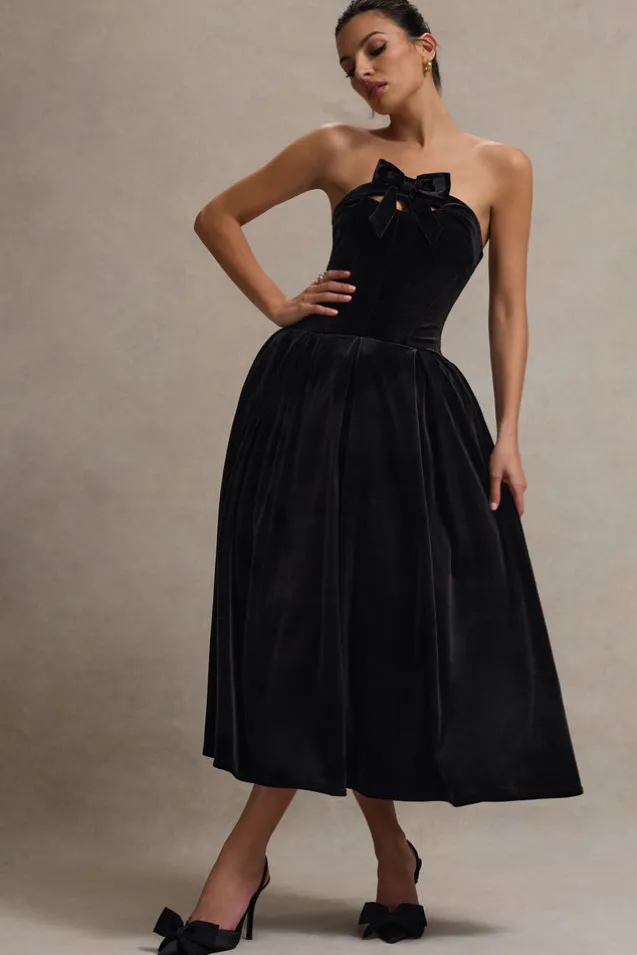 Hepburn | Black Velvet Bandeau Midi Dress With Bow