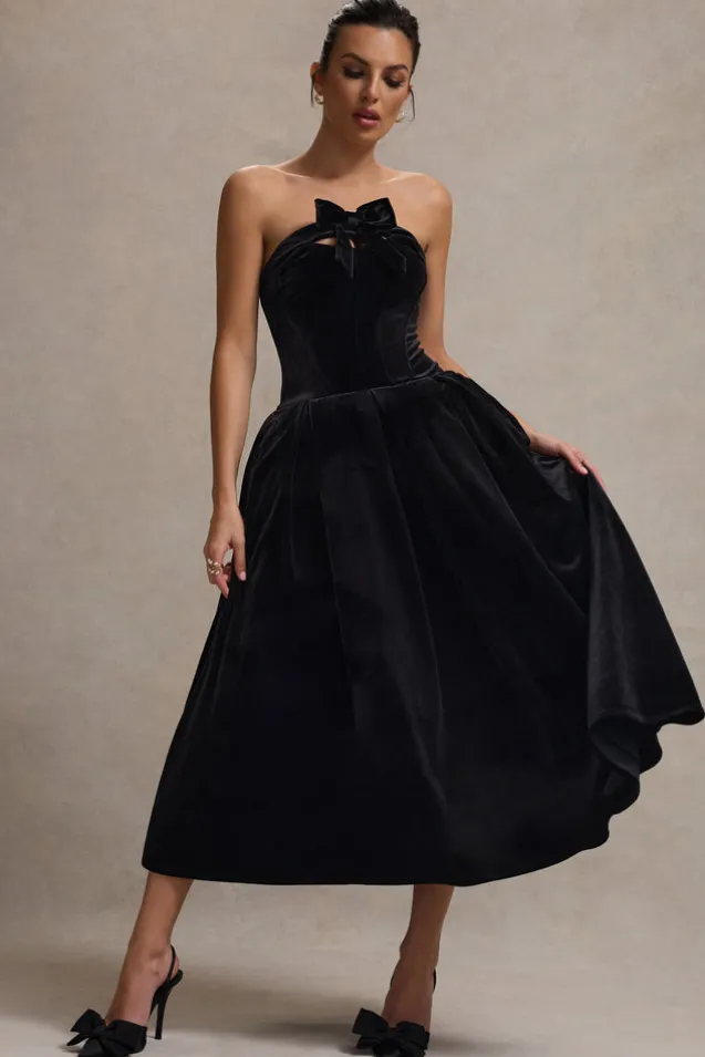 Hepburn | Black Velvet Bandeau Midi Dress With Bow