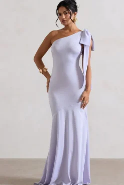 Here For Love | Lilac Satin Asymmetric Maxi Dress With Bow