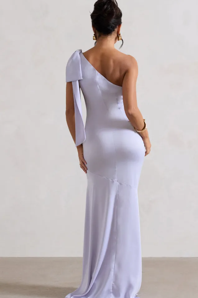 Here For Love | Lilac Satin Asymmetric Maxi Dress With Bow